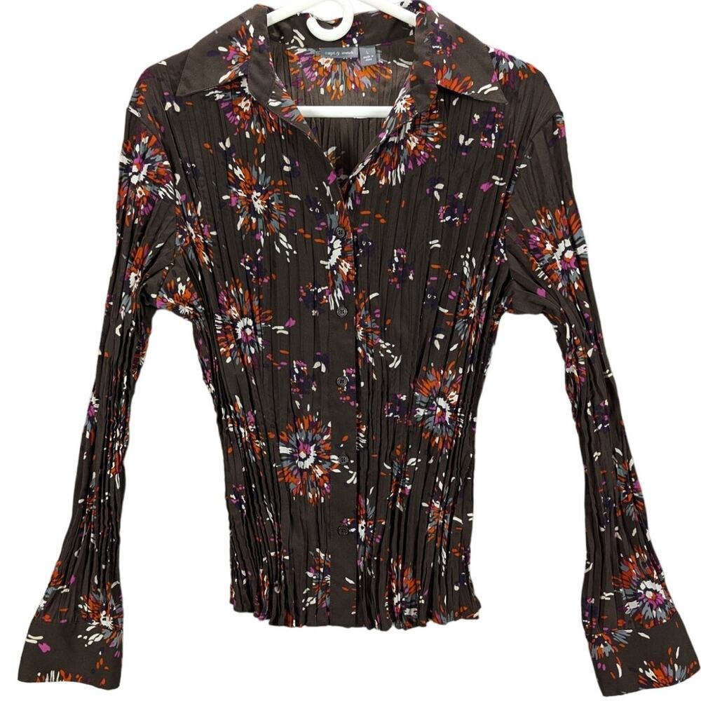 Vintage Y2K Apt 9 Stretch  Shirt Womens Large Stretchy Long sleeve Brown Floral